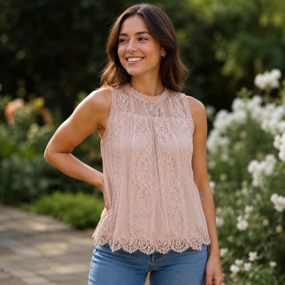 Shannon Ford New York Beige Mocha Lace Overlay Sleeveless Top Romantic Boho 1X